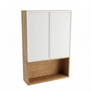 Dulap de perete deasupra toaletei Roma 60 cm Alb/Stejar Cremona, mobilier baie suspendat cu 2 uși și raft deschis, design modern natural
