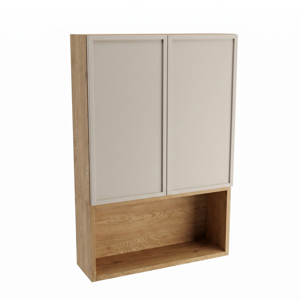 Dulap de perete deasupra toaletei Roma 60 cm Cașmir/Stejar Cremona, mobilier baie suspendat cu 2 uși și raft deschis, design natural modern
