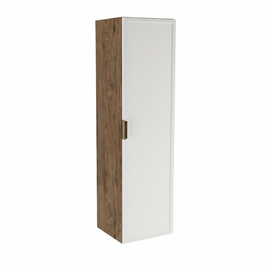 Dulap înalt de baie Roma 120 cm Alb / Nuc închis cu rafturi interioare și fronturi MDF cu ramă decorativă, design modern contrastant.