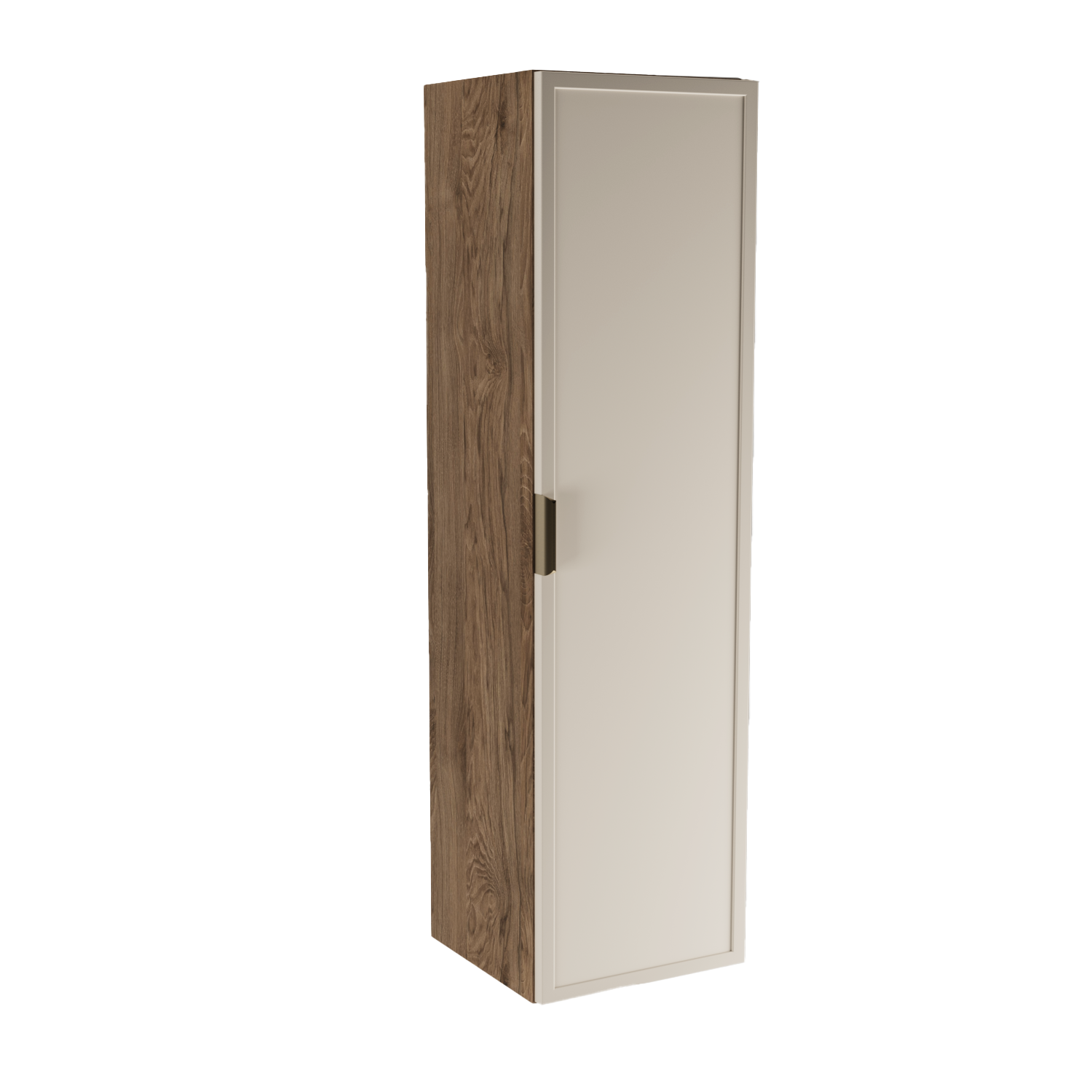 Dulap înalt de baie Roma 120 cm Cașmir / Nuc închis cu rafturi interioare și fronturi MDF cu ramă decorativă, design modern și elegant.