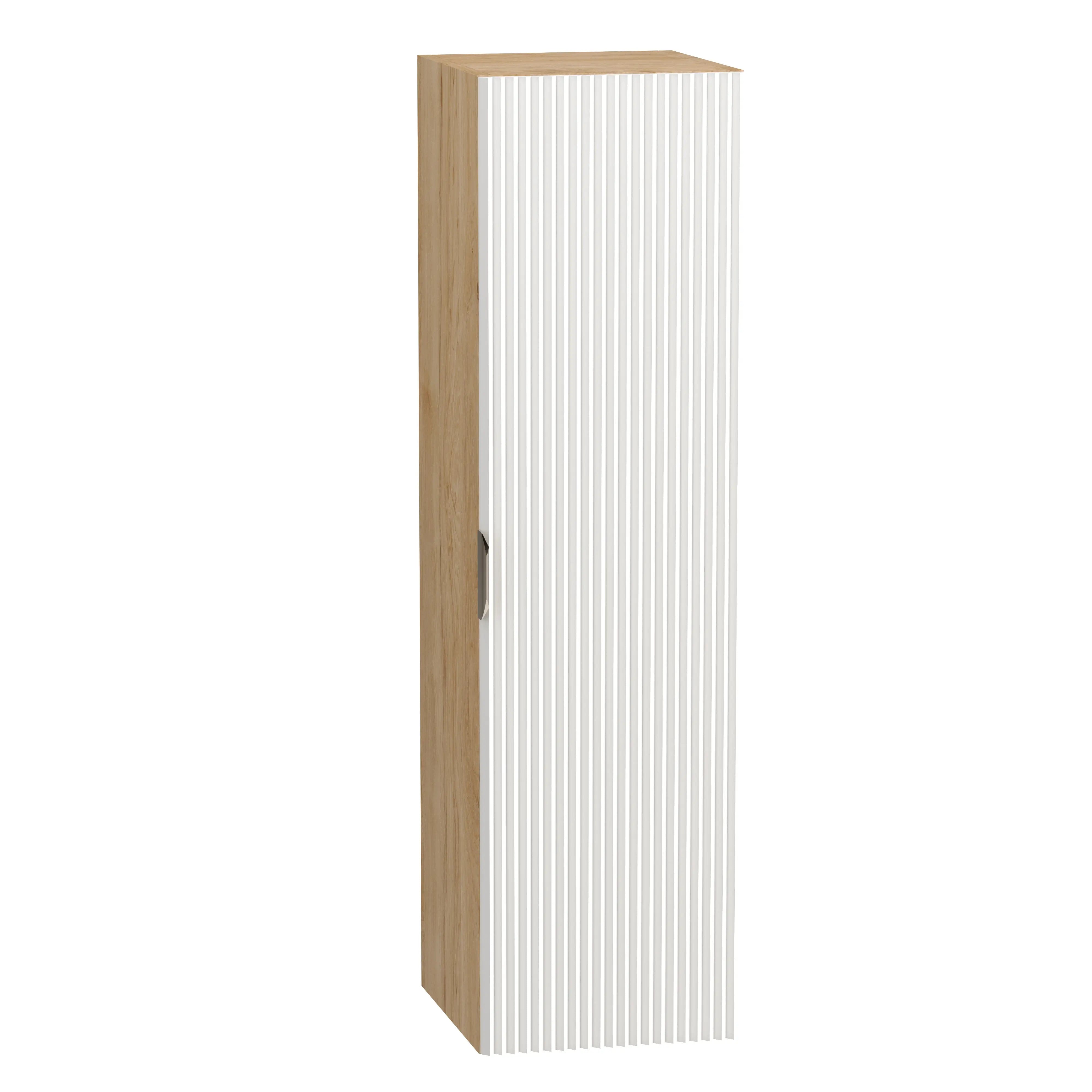 Dulap înalt pentru baie Willy 120 cm alb cu accente nuc, fronturi canelate, mobilier modern de depozitare.