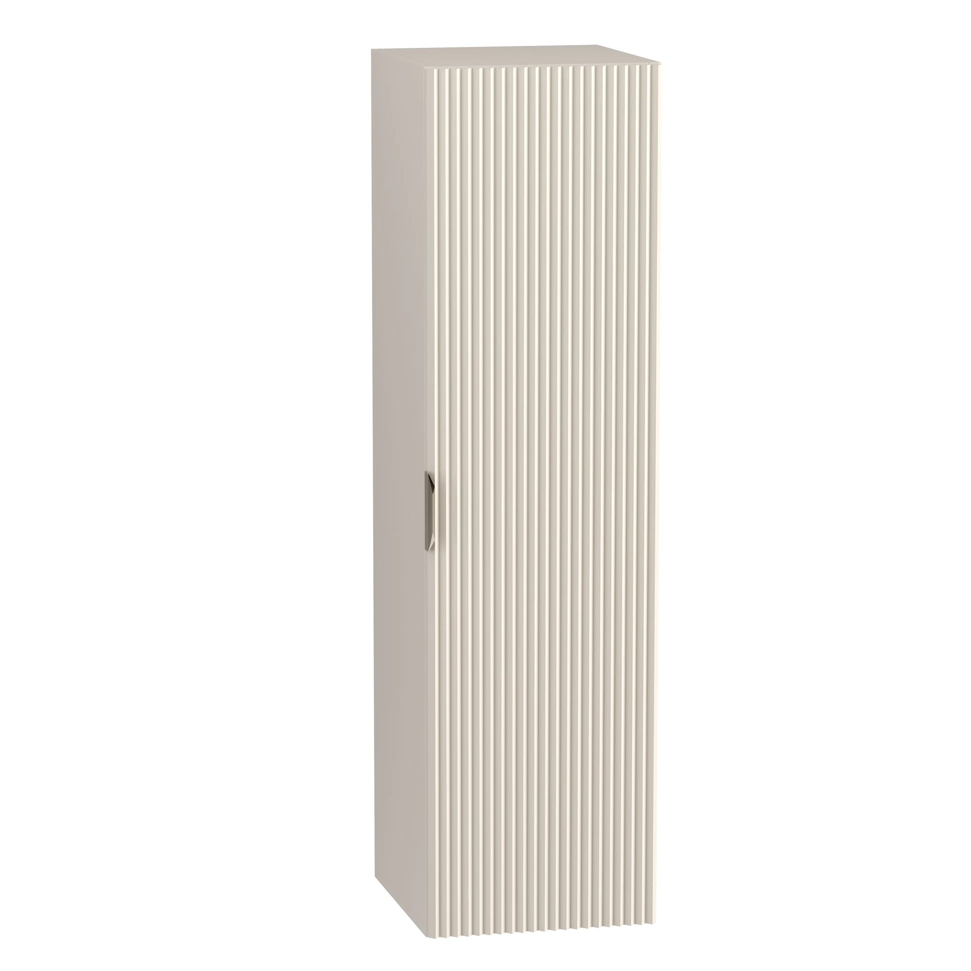 Dulap înalt pentru baie Willy 120 cm cașmir, fronturi canelate, suspendat, cu polițe și design modern.