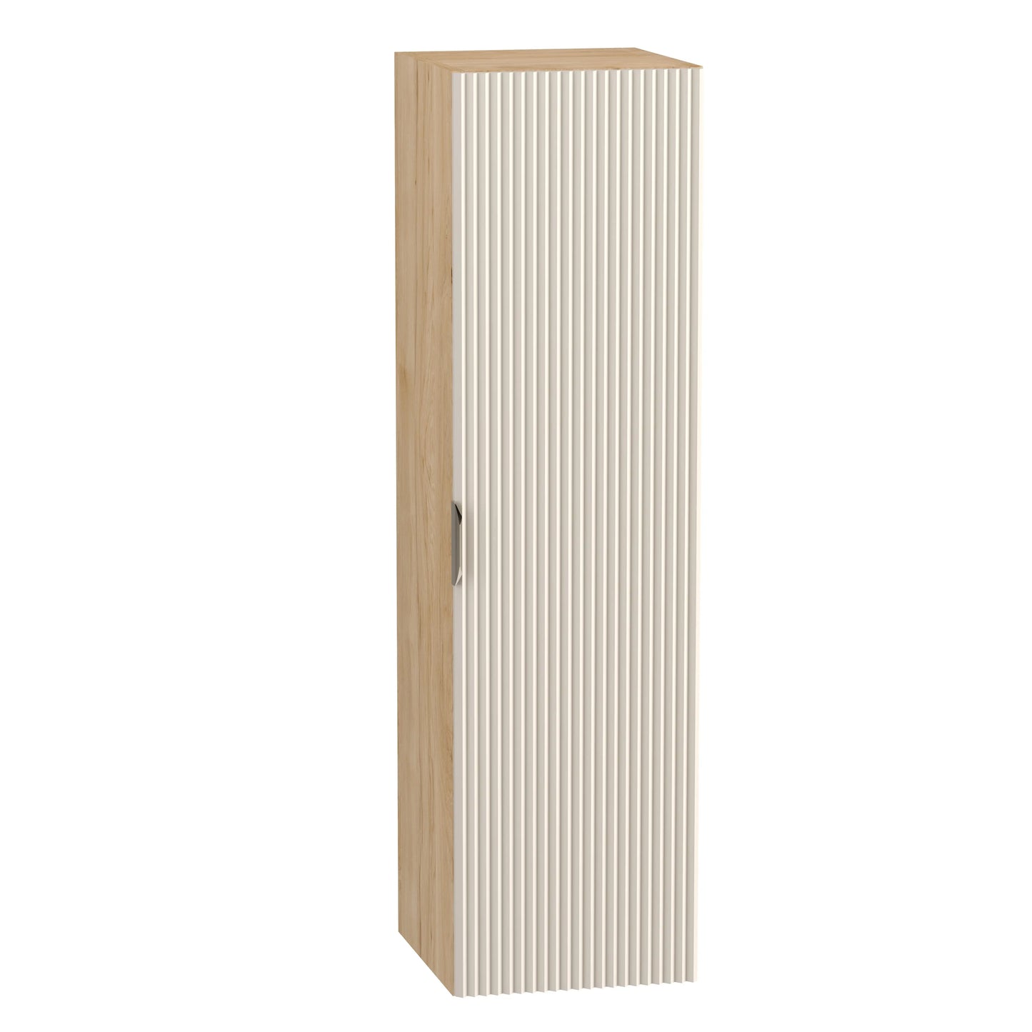 Dulap înalt pentru baie Willy 120 cm cașmir cu accente nuc, fronturi canelate și design modern.