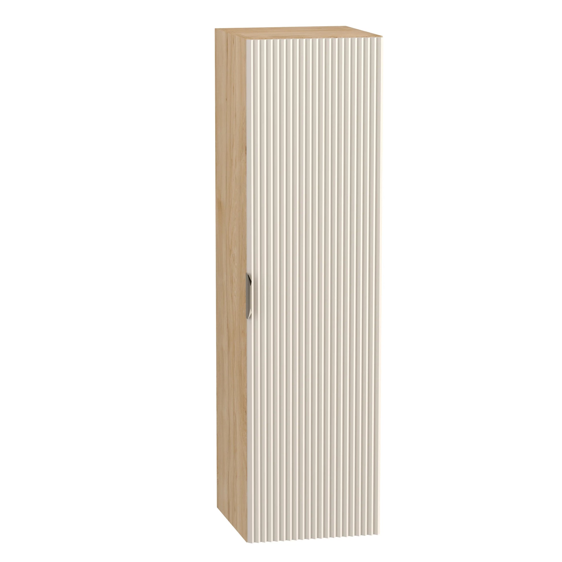 Dulap înalt pentru baie Willy 120 cm cașmir cu accente nuc, fronturi canelate și design modern.