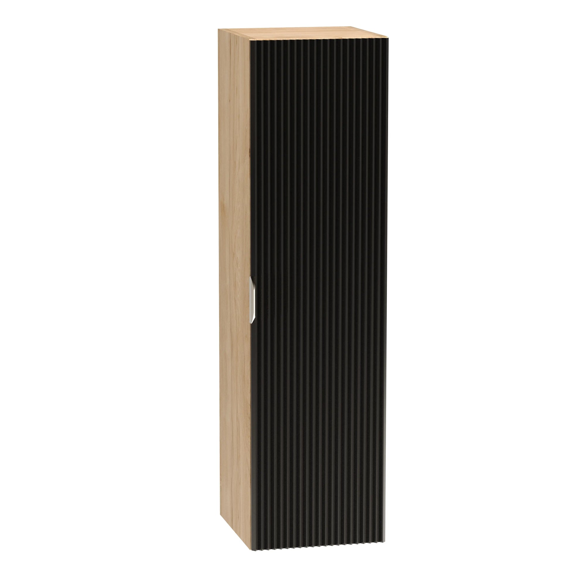 Dulap înalt pentru baie Willy 120 cm negru cu accente nuc, fronturi canelate, mobilier modern de depozitare.
