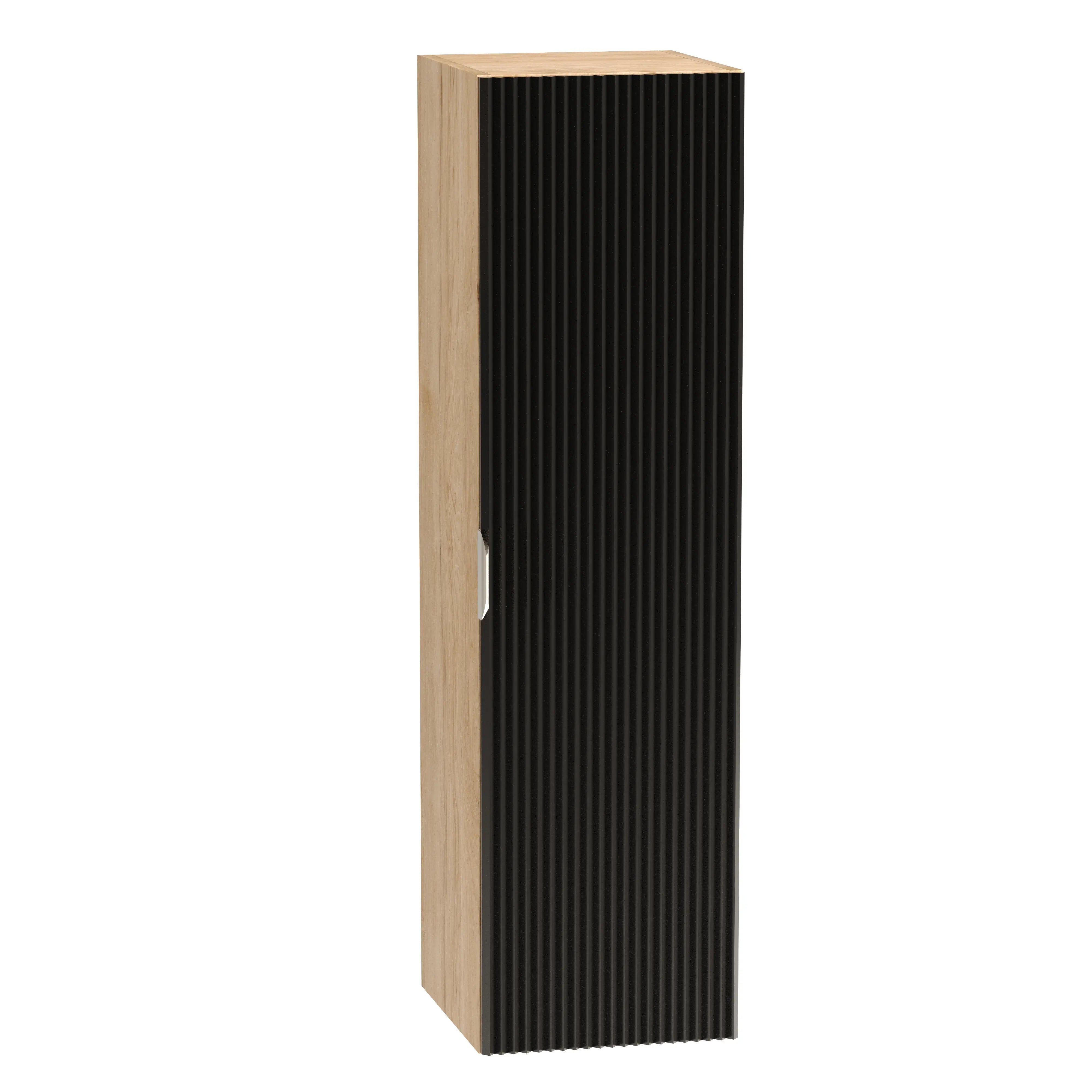 Dulap înalt pentru baie Willy 120 cm negru cu accente nuc, fronturi canelate, mobilier modern de depozitare.