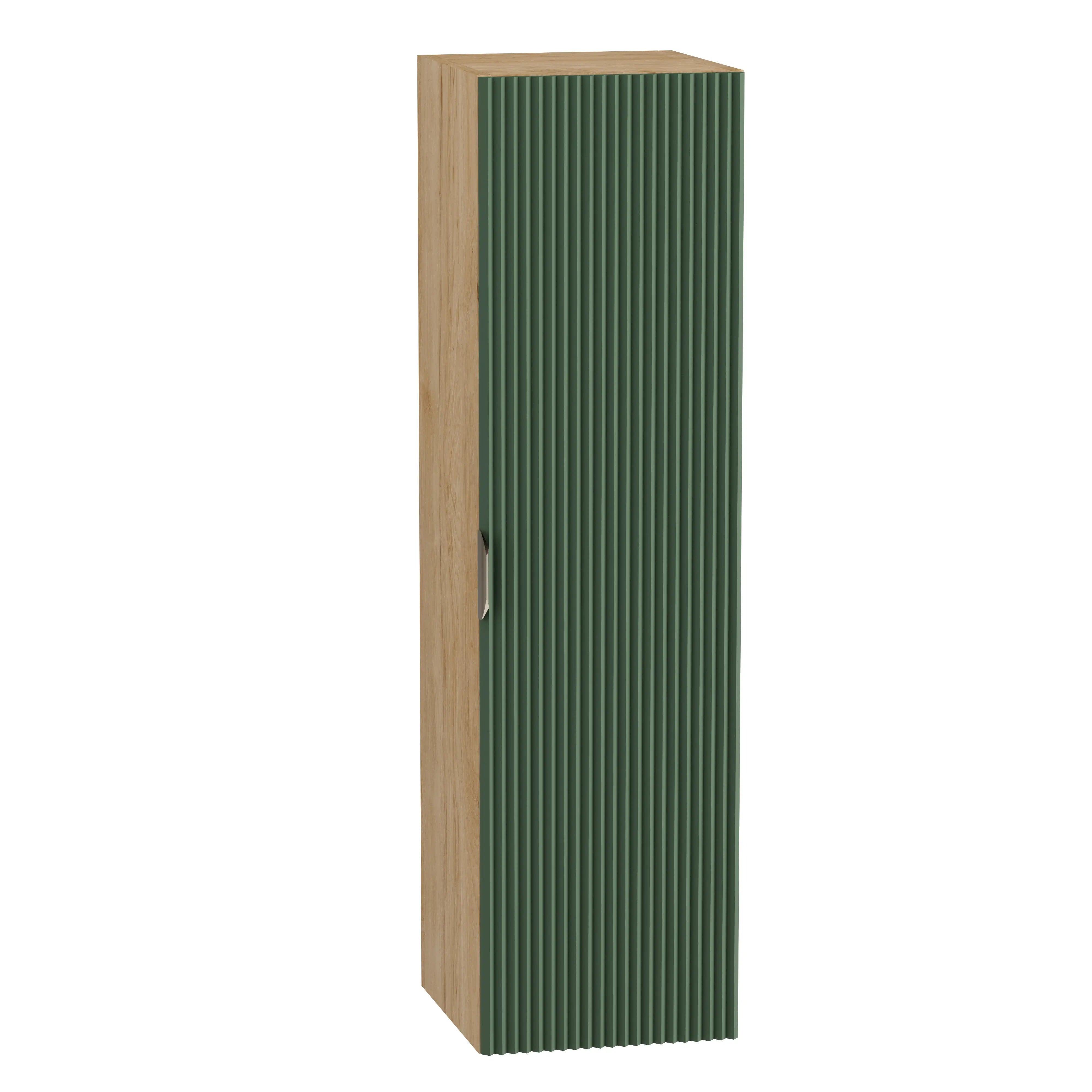 Dulap înalt pentru baie Willy 120 cm verde cu accente nuc, fronturi canelate, mobilier modern de depozitare.