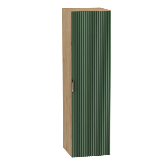 Dulap înalt pentru baie Willy 120 cm verde cu accente nuc, fronturi canelate, mobilier modern de depozitare.
