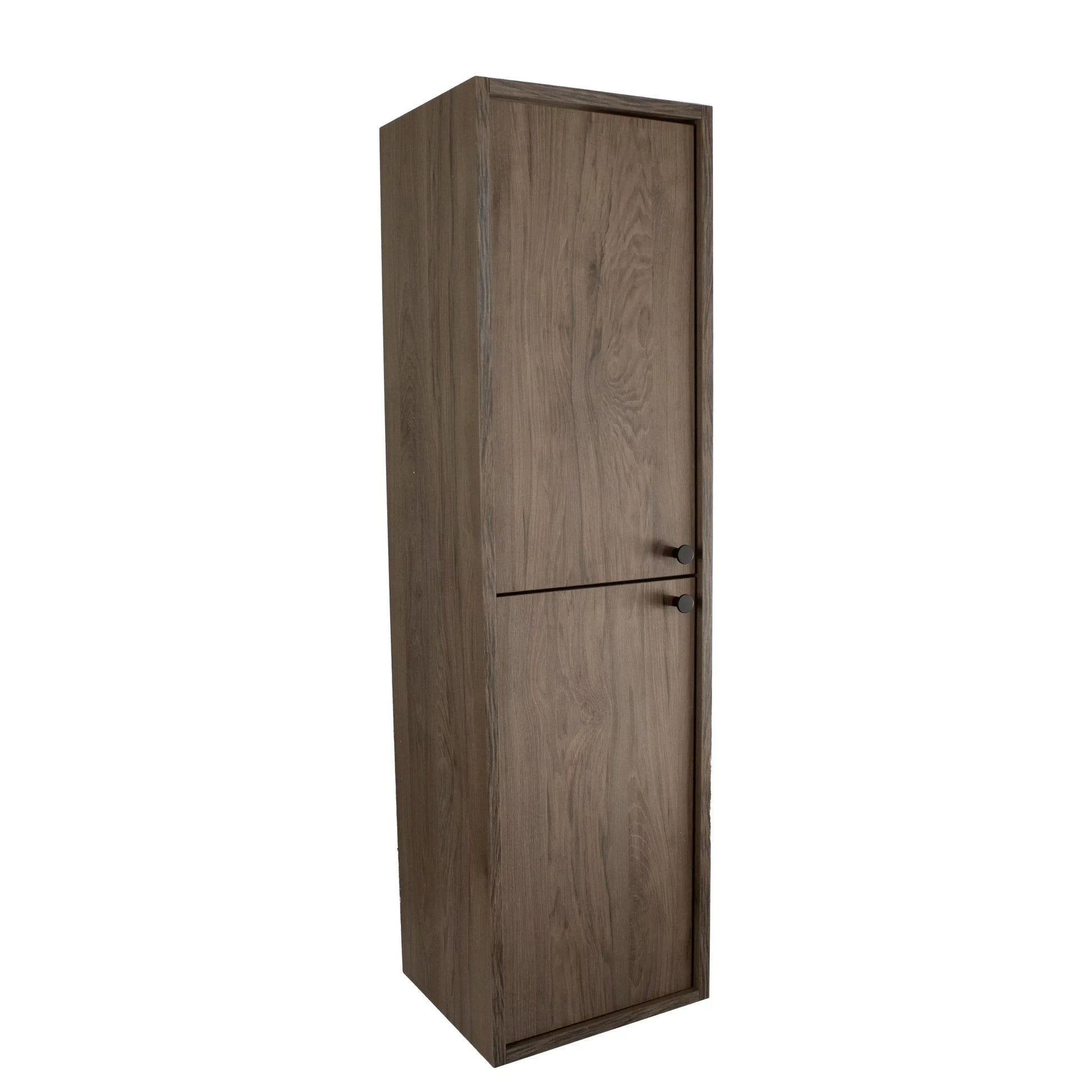 Dulap înalt pentru baie Belino 120 cm cu fronturi netede și 2 uși, finisaj Nuc închis, oferă depozitare practică și un aspect cald, natural și sofisticat.
