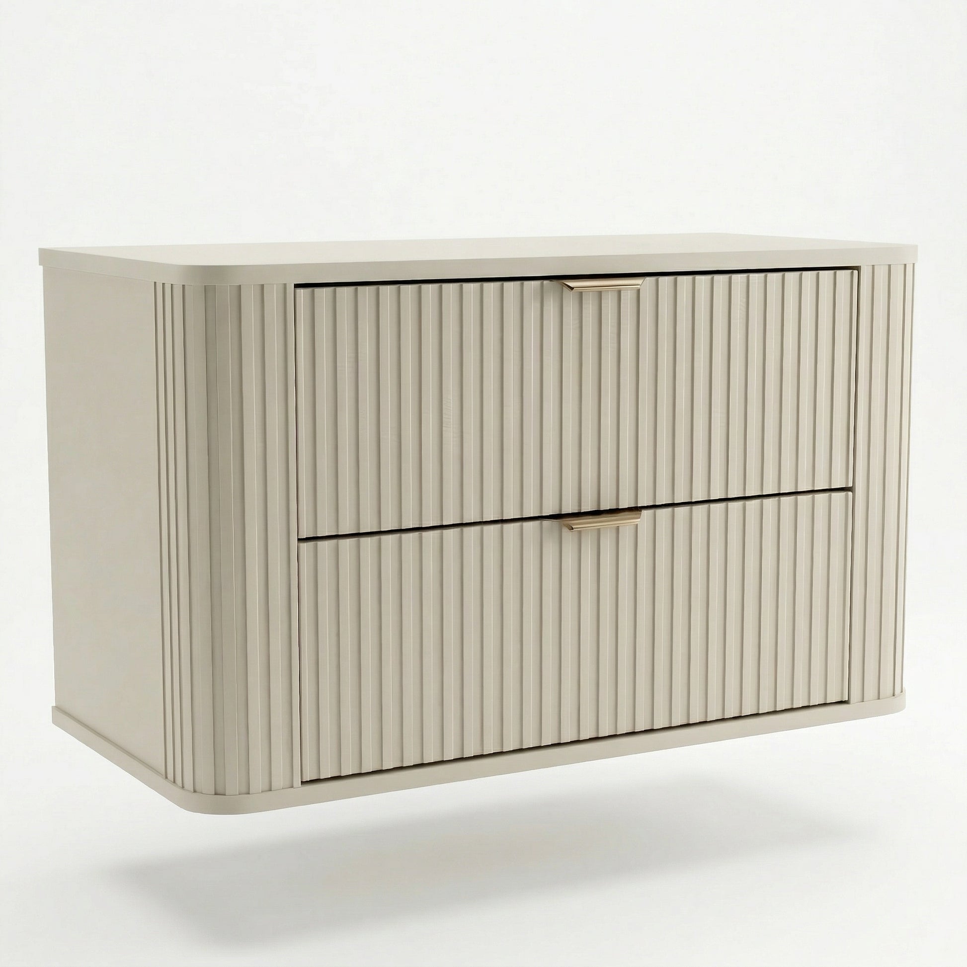 Dulap pentru lavoar Selvea 100 cm, finisaj Casmir, cu fronturi canelate din MDF, 2 sertare spațioase, margini rotunjite și mânere metalice elegante.