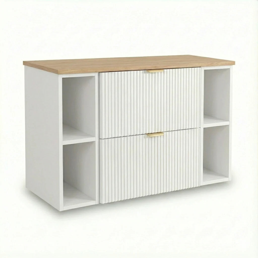 Dulap pentru lavoar Willy 100 cm Alb/Nuc cu 2 sertare, 2 rafturi și blat decor nuc, mobilier modern de baie