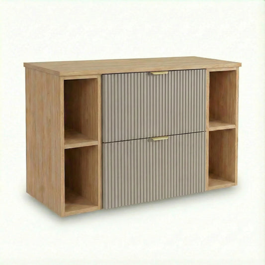 Dulap pentru lavoar Willy 100 cm Casmir/Nuc cu 2 sertare, 2 rafturi laterale și blat, mobilier modern de baie elegant