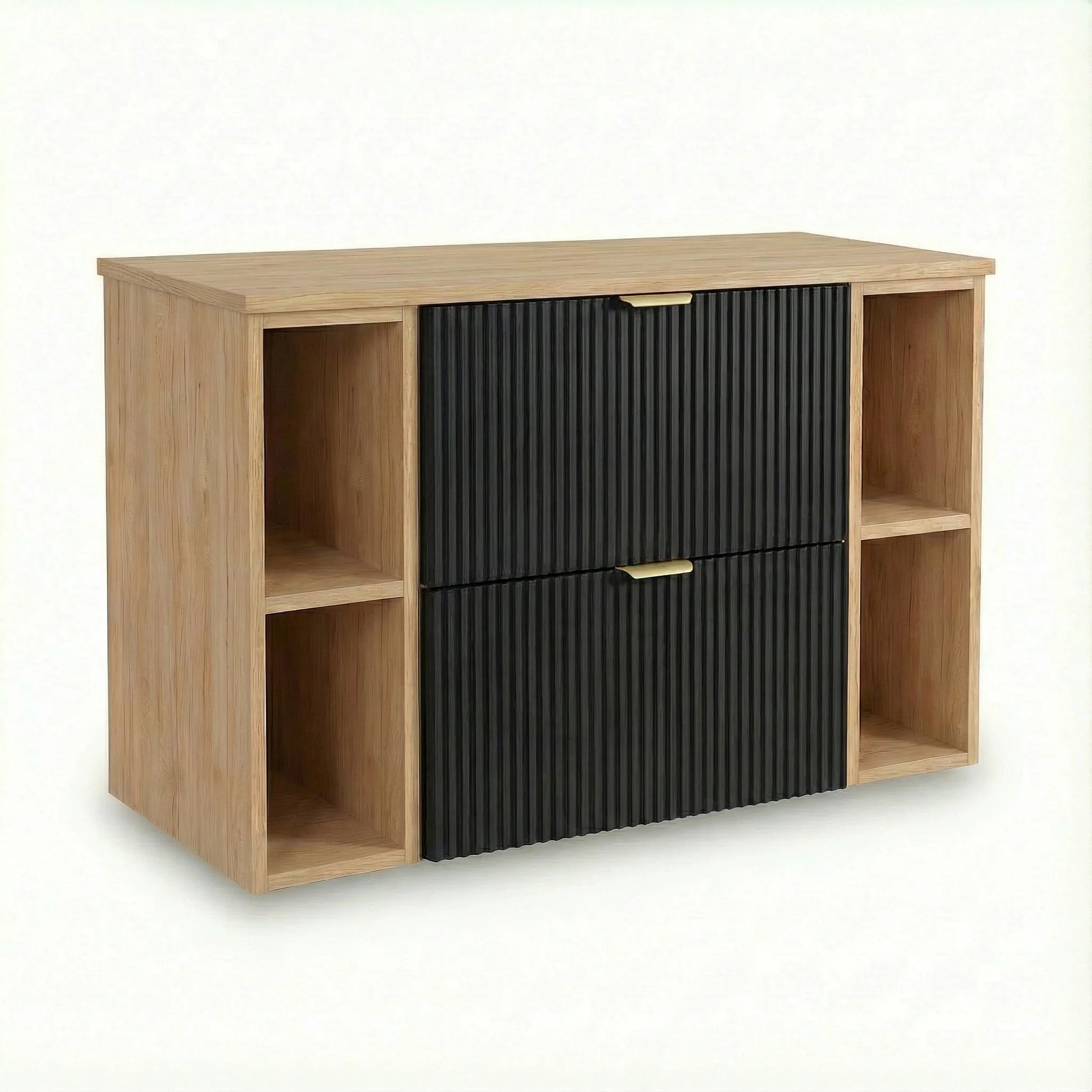 Dulap pentru lavoar Willy 100 cm Negru/Nuc cu 2 sertare, 2 rafturi laterale și blat, mobilier modern de baie cu contrast elegant