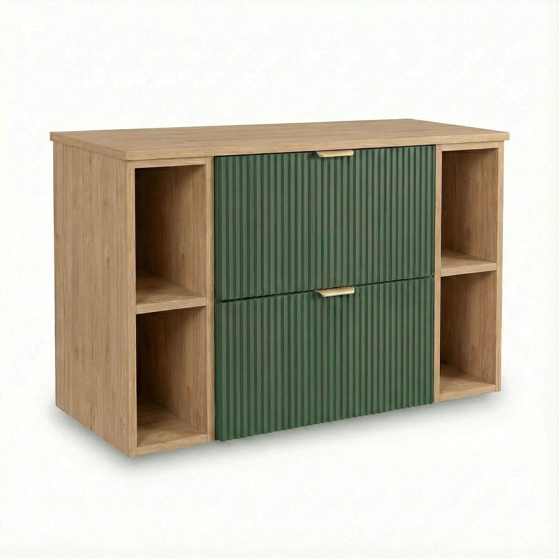 Dulap pentru lavoar Willy 100 cm Verde Salvie/Nuc cu 2 sertare, 2 rafturi laterale și blat, mobilier modern de baie cu design natural