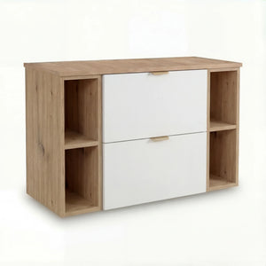 Dulap pentru lavoar Orio 100 cm Alb/Stejar Artizanal cu 2 rafturi laterale, fronturi netede. Design modern, luminos și spațiu practic de depozitare pentru baie.