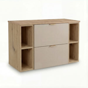 Dulap pentru lavoar Orio 100 cm Casmir/Stejar Artizanal cu 2 rafturi laterale, fronturi netede. Design modern, elegant și spațiu practic de depozitare.