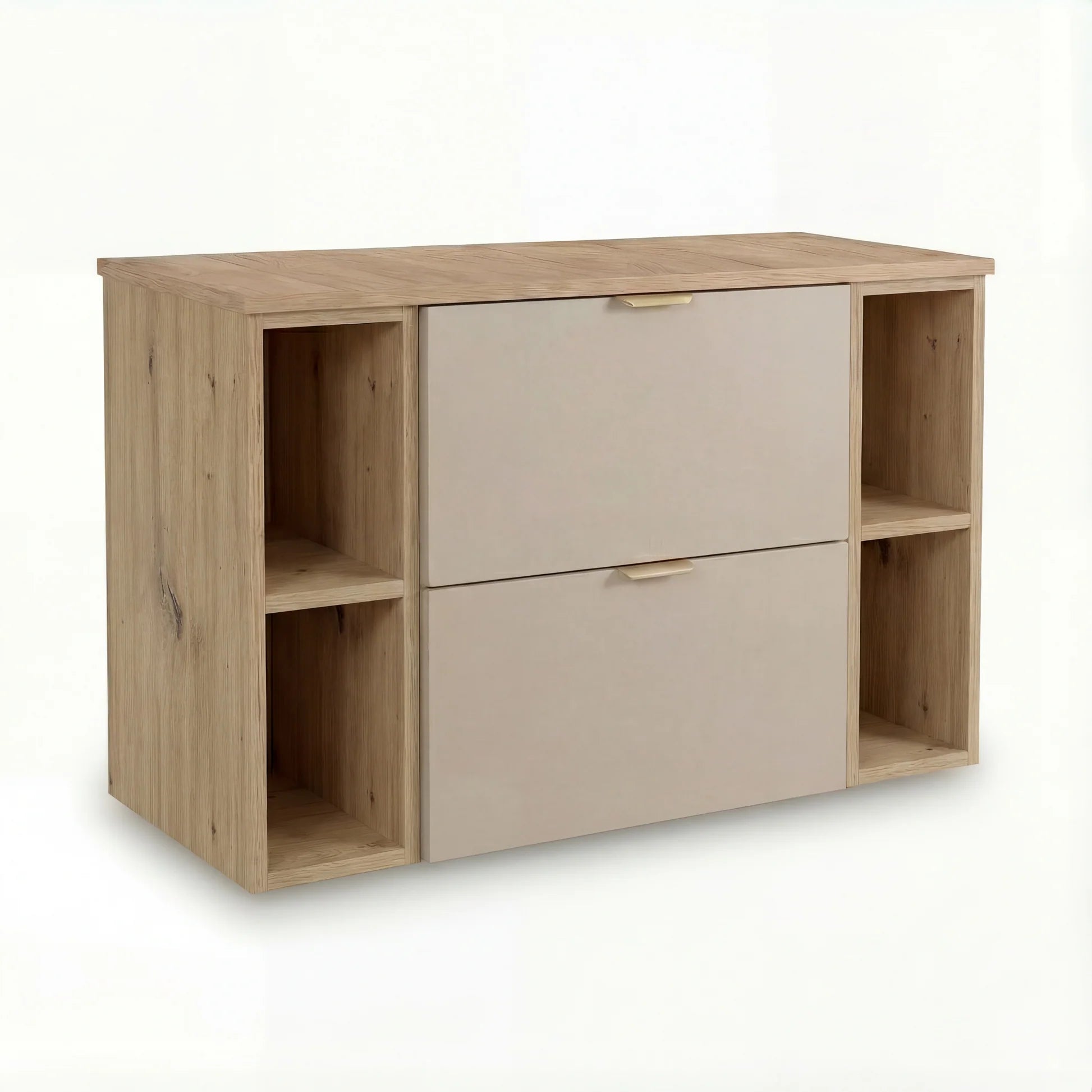 Dulap pentru lavoar Orio 100 cm Casmir/Stejar Artizanal cu 2 rafturi laterale, fronturi netede. Design modern, elegant și spațiu practic de depozitare.
