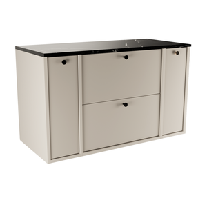 Dulap pentru lavoar Belino 100 cm în nuanță Casmir cu blat din marmură neagră, 2 sertare SOFT-CLOSE și rafturi laterale în baie modernă.