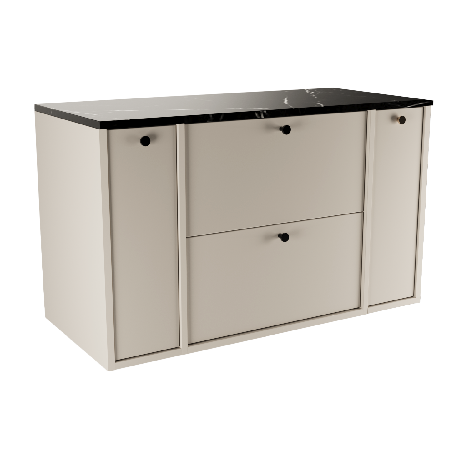 Dulap pentru lavoar Belino 100 cm în nuanță Casmir cu blat din marmură neagră, 2 sertare SOFT-CLOSE și rafturi laterale în baie modernă.