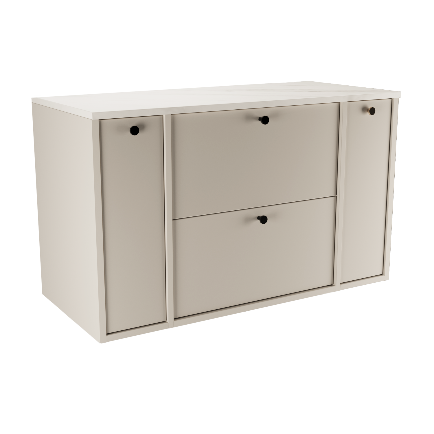 Dulap pentru lavoar Belino 100 cm în Casmir cu blat marmură albă, 2 sertare și 2 rafturi laterale, ideal pentru băi moderne și elegante.