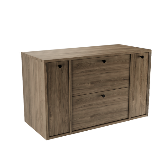 Dulap Belino 100 cm pentru lavoar, Nuc Închis cu 2 rafturi laterale, design elegant și modern, perfect pentru băi spațioase, minimaliste și contemporane.