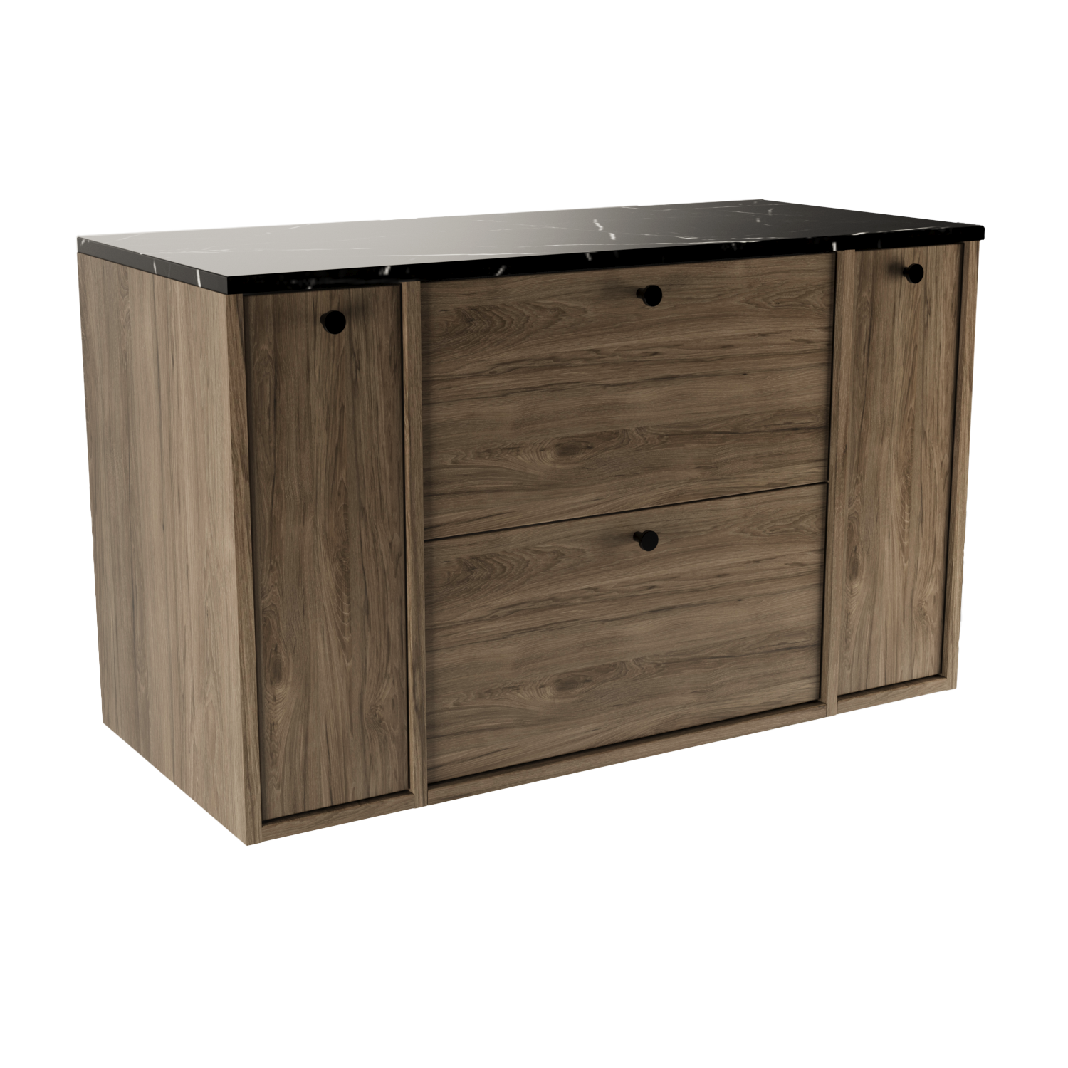 Dulap Belino 100 cm pentru lavoar, Nuc Închis cu Marmură Neagră și 2 rafturi laterale închise, design modern și elegant, perfect pentru băi contemporane și luxoase.
