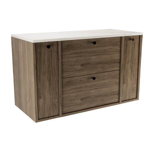 Dulap Belino 100 cm pentru lavoar, Nuc Închis cu Marmură Albă, design modern și elegant, cu 2 rafturi laterale, perfect pentru băi spațioase și contem