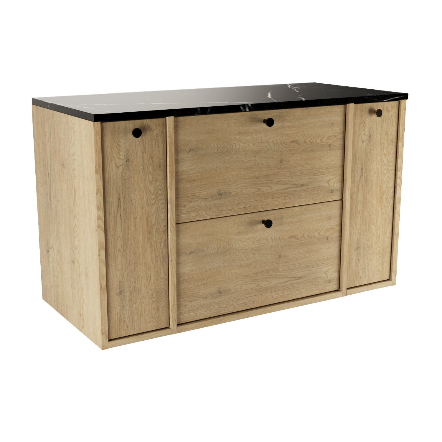Dulap Belino 100 cm pentru lavoar, Stejar Cremona cu blat din Marmură Neagră și rafturi laterale cu uși, design modern, elegant și funcțional pentru baie.