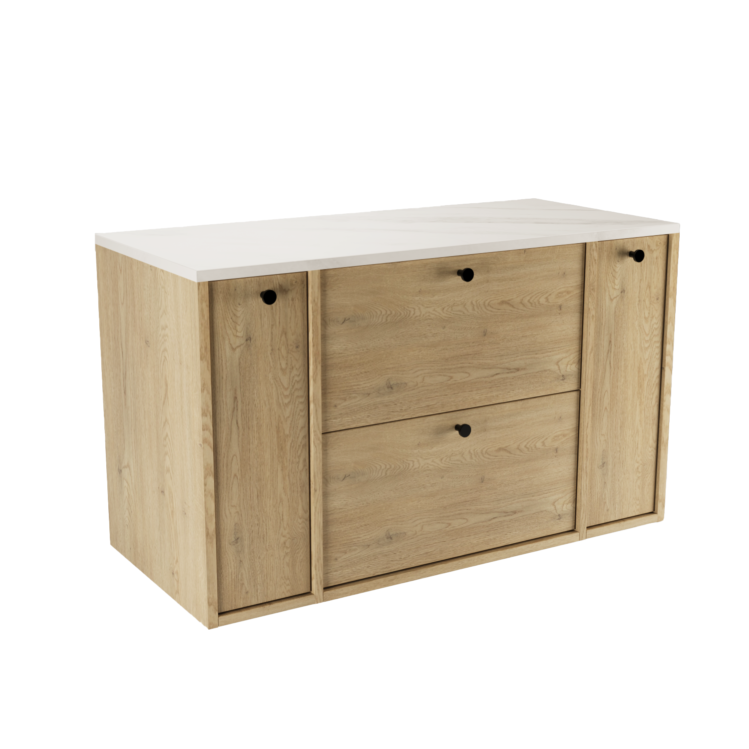 Dulap Belino 100 cm pentru lavoar, Stejar Cremona cu blat din Marmură Albă și rafturi laterale cu uși, design modern și elegant, ideal pentru băi contemporane.