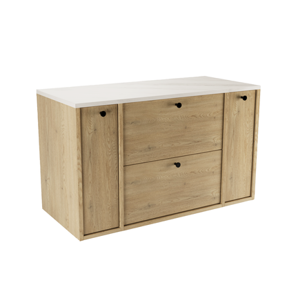 Dulap Belino 100 cm pentru lavoar, Stejar Cremona cu blat din Marmură Albă și rafturi laterale cu uși, design modern și elegant, ideal pentru băi contemporane.