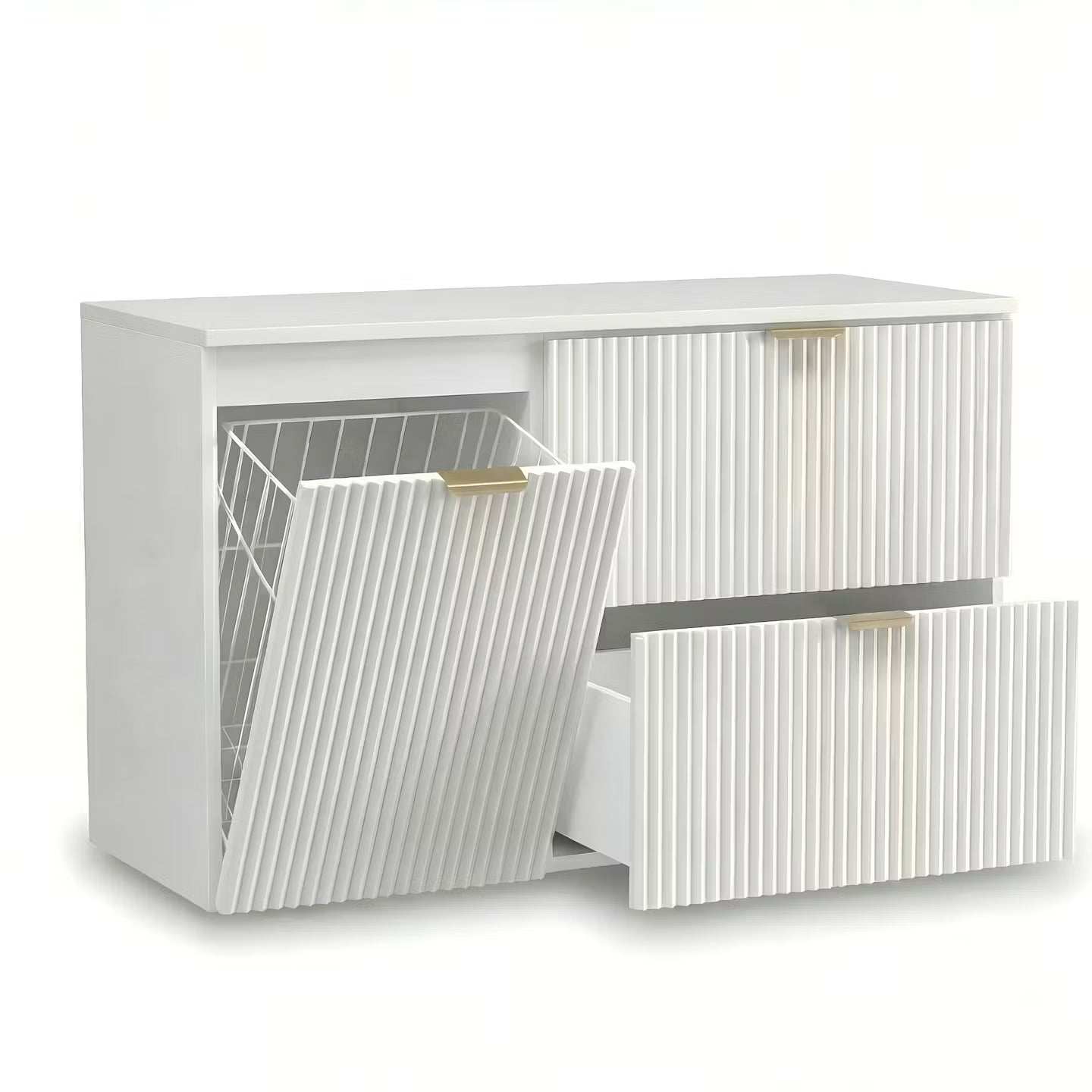 Dulap pentru lavoar Willy Alb 100 cm cu două sertare Soft-Close, dulap lateral cu coș de rufe integrat și blat din PAL laminat, pentru baie modernă.