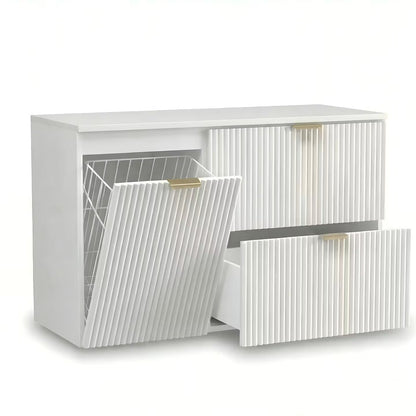 Dulap pentru lavoar Willy Alb 100 cm cu două sertare Soft-Close, dulap lateral cu coș de rufe integrat și blat din PAL laminat, pentru baie modernă.