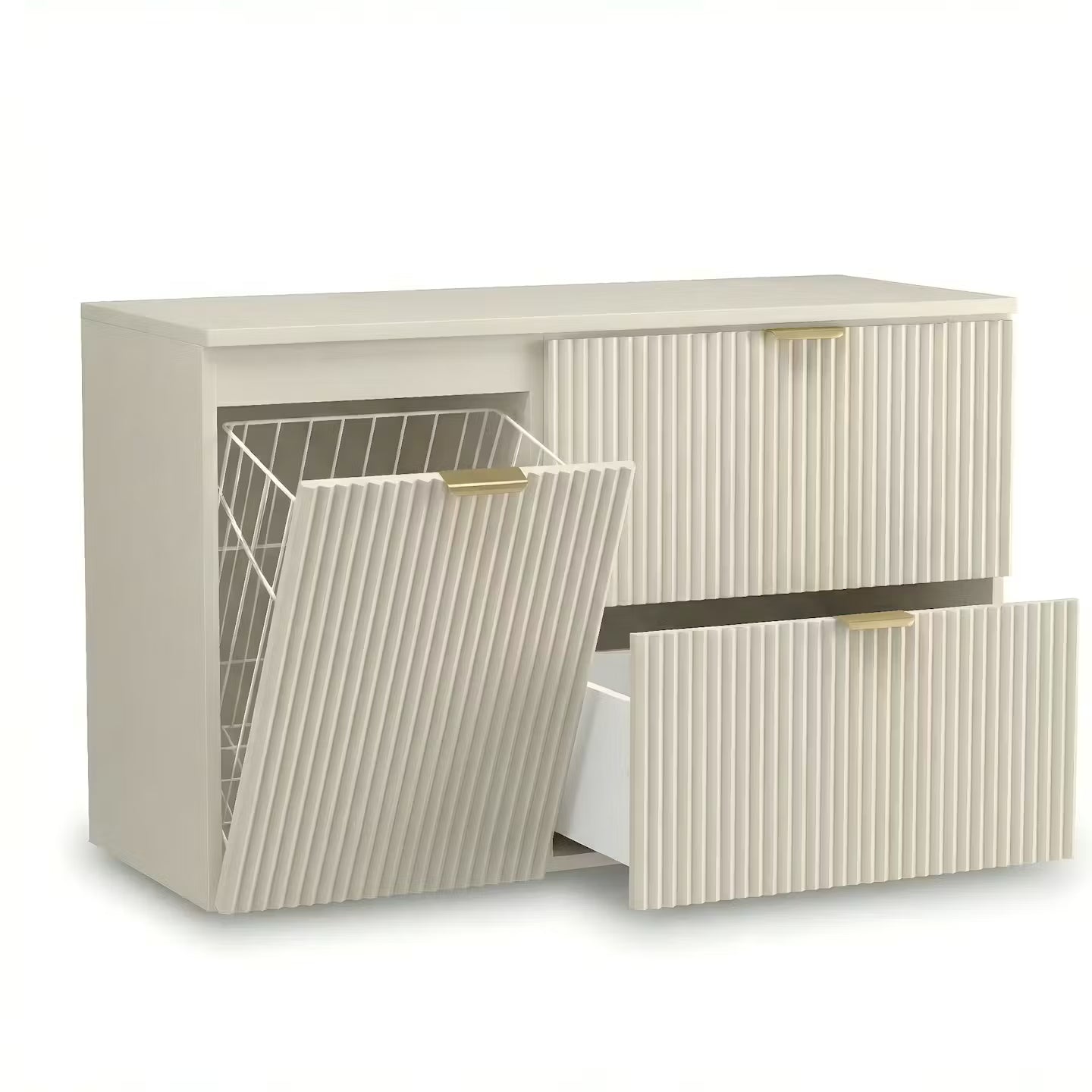 Dulap pentru lavoar Willy 100 cm Casmir cu două sertare Soft-Close, dulap lateral cu coș de rufe integrat și blat din PAL laminat, pentru băi moderne.