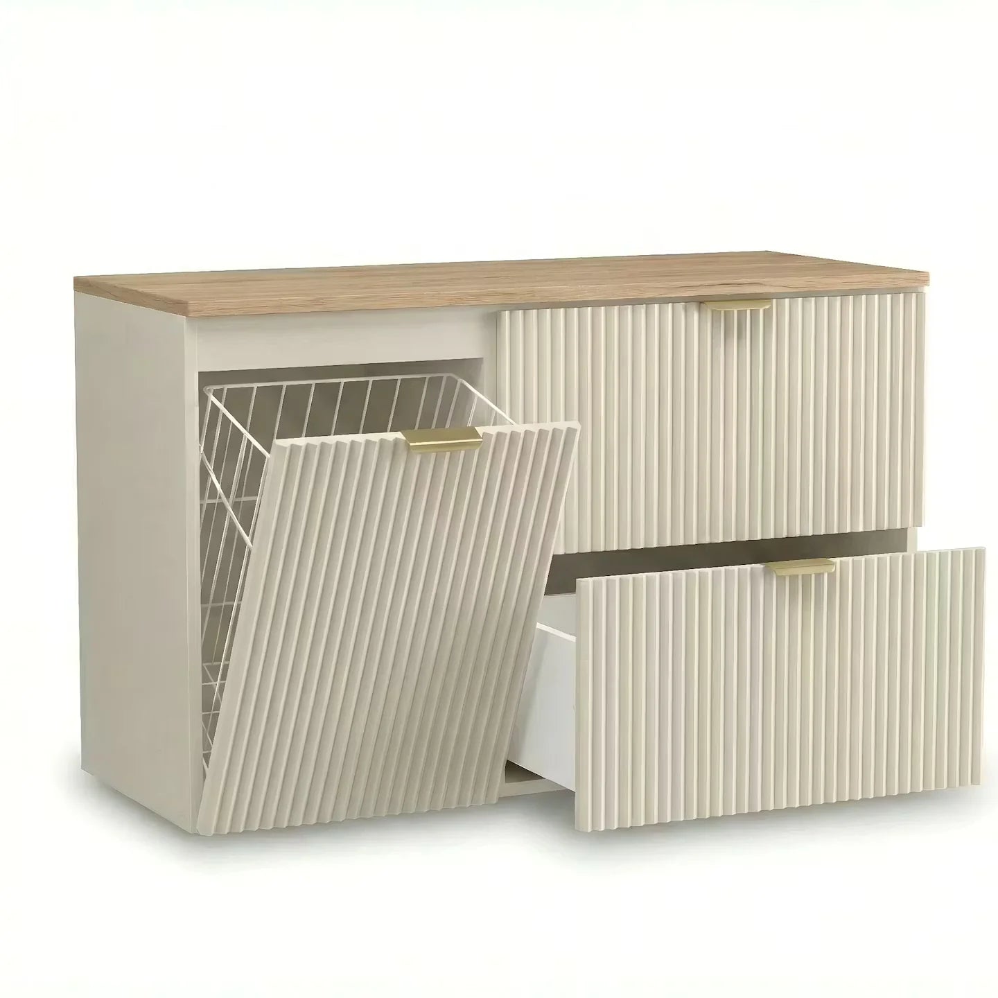 Dulap pentru lavoar Willy 100 cm Casmir cu blat Nuc, două sertare Soft-Close și dulap lateral cu coș de rufe integrat, ideal pentru băi moderne.