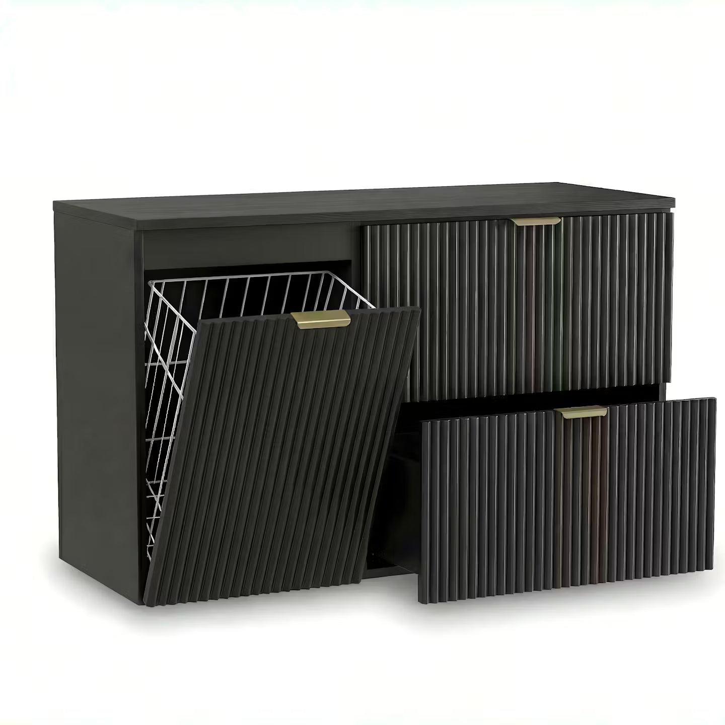 Dulap pentru lavoar Willy 100 cm Negru cu două sertare Soft-Close, dulap lateral cu coș de rufe integrat și blat din PAL laminat, pentru băi moderne.