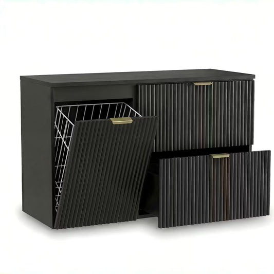 Dulap pentru lavoar Willy 100 cm Negru cu două sertare Soft-Close, dulap lateral cu coș de rufe integrat și blat din PAL laminat, pentru băi moderne.