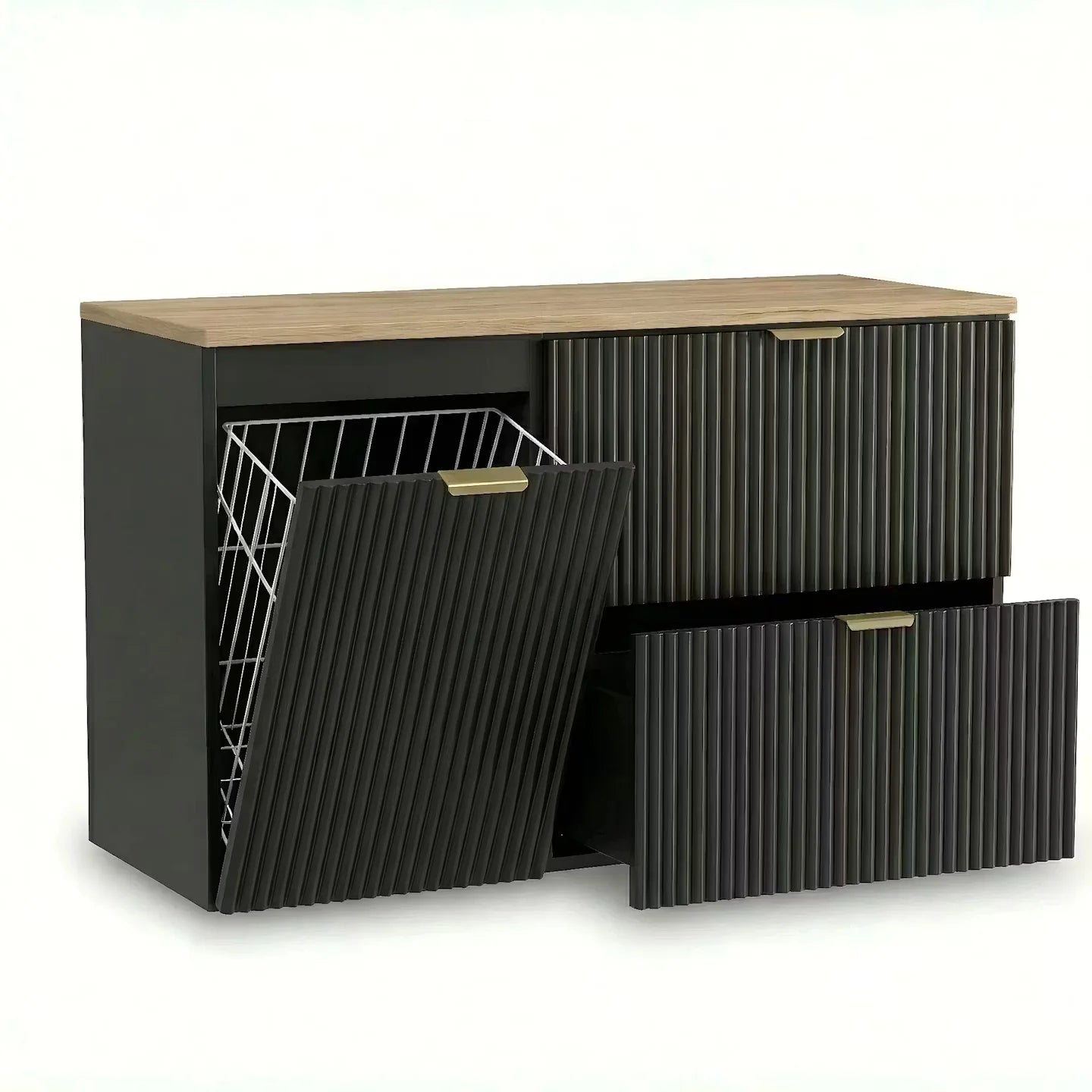 Dulap pentru lavoar Willy 100 cm Negru cu blat Nuc, două sertare Soft-Close și dulap lateral cu coș de rufe integrat, ideal pentru băi moderne și elegante.