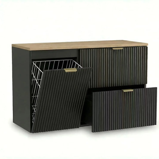Dulap pentru lavoar Willy 100 cm Negru cu blat Nuc, două sertare Soft-Close și dulap lateral cu coș de rufe integrat, ideal pentru băi moderne și elegante.