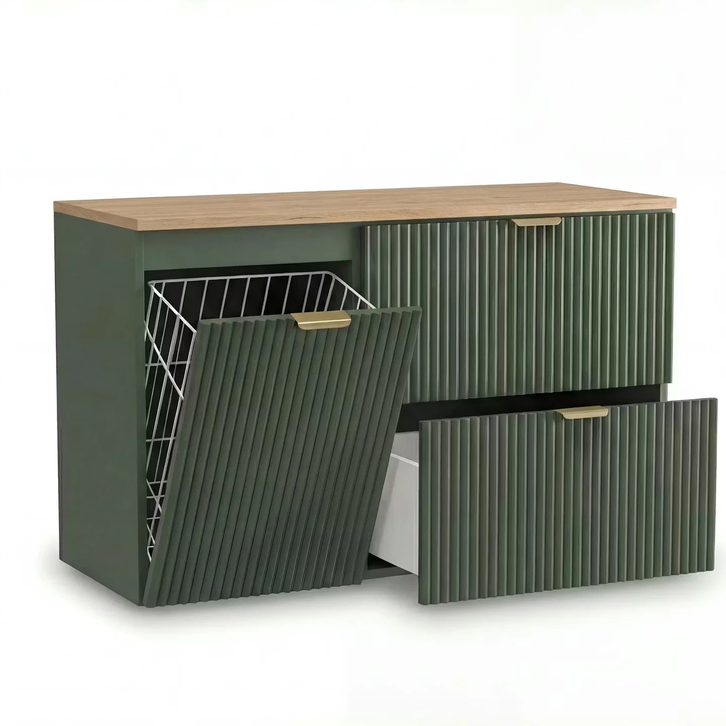 Dulap pentru lavoar Willy 100 cm Verde Salvie cu blat Nuc, două sertare Soft-Close și dulap lateral cu coș de rufe integrat, pentru băi moderne.