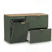 Dulap pentru lavoar Willy 100 cm Verde Salvie cu blat Nuc, două sertare Soft-Close și dulap lateral cu coș de rufe integrat, pentru băi moderne.