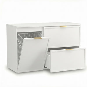 Dulap pentru lavoar Roma 100 cm, finisaj Alb, cu coș de rufe integrat, 2 sertare, fronturi MDF cu ramă decorativă și sistem Soft-Close.