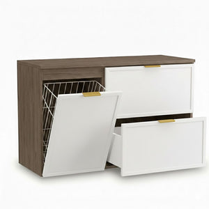 Dulap pentru lavoar Roma 100 cm, finisaj Alb/Nuc Închis, cu coș de rufe integrat, 2 sertare, fronturi MDF cu ramă decorativă și sistem Soft-Close.