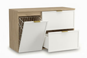 Dulap pentru lavoar Roma 100 cm, finisaj Alb/Stejar Cremona, cu coș de rufe integrat, 2 sertare, fronturi MDF cu ramă decorativă și Soft-Close.