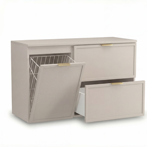 Dulap pentru lavoar Roma 100 cm, finisaj Cașmir, cu coș de rufe integrat, 2 sertare, fronturi MDF cu ramă decorativă și sistem Soft-Close.