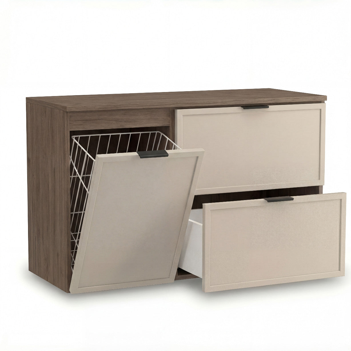 Dulap pentru lavoar Roma 100 cm, finisaj Cașmir/Nuc Închis, cu coș de rufe integrat, 2 sertare și fronturi MDF cu ramă decorativă elegantă.