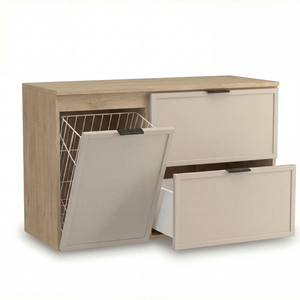 Dulap pentru lavoar Roma 100 cm, finisaj Cașmir/Stejar Cremona, cu coș de rufe integrat, 2 sertare, fronturi MDF cu ramă decorativă și sistem Soft-Close.