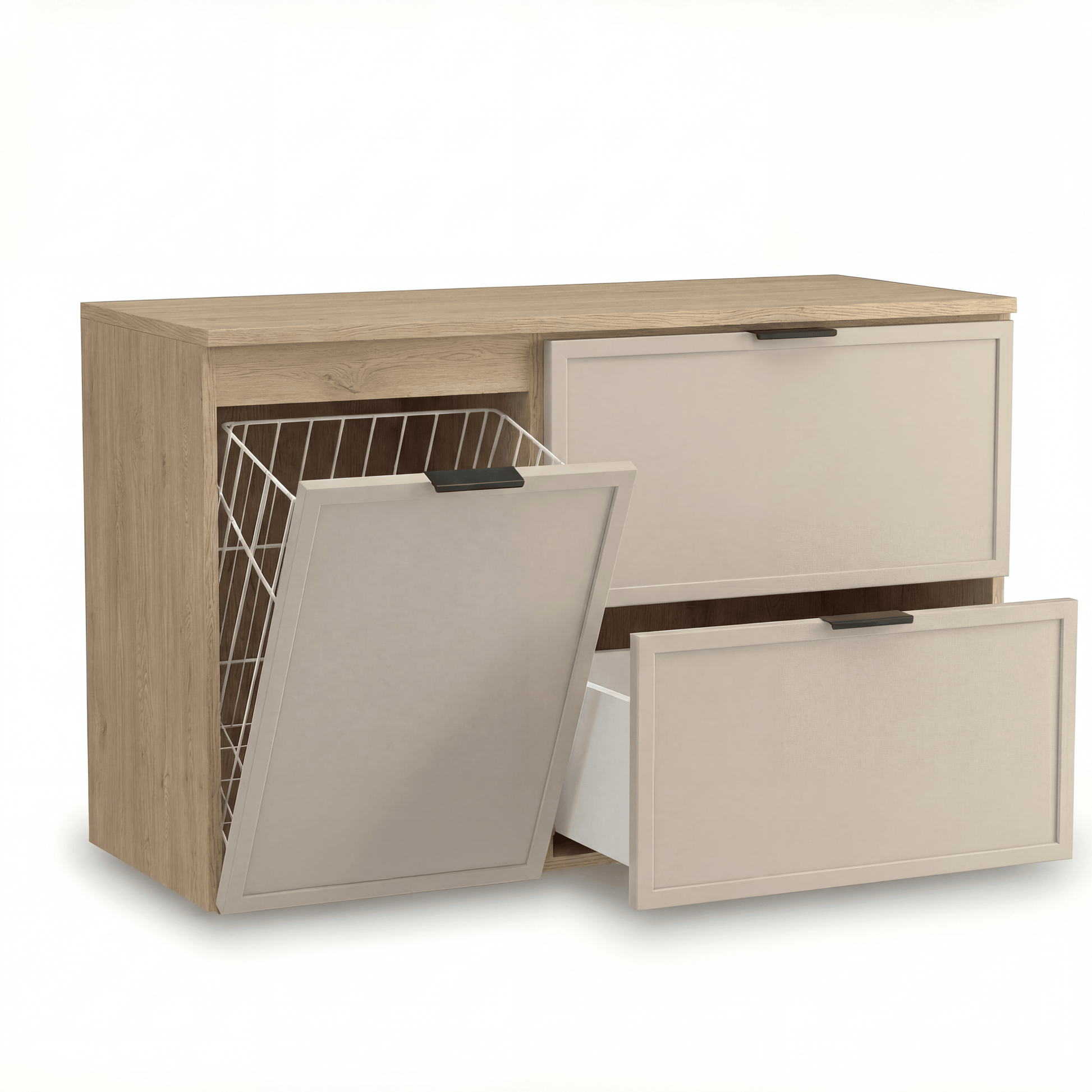 Dulap pentru lavoar Roma 100 cm, finisaj Cașmir/Stejar Cremona, cu coș de rufe integrat, 2 sertare, fronturi MDF cu ramă decorativă și sistem Soft-Close.