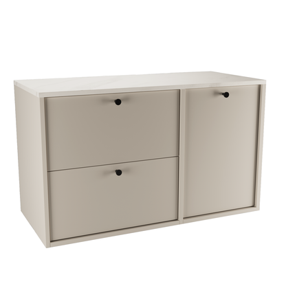 Dulap lavoar Belino 100 cm Cășmir cu coș de rufe integrat și blat Marmură Bianco, design modern și luminos pentru baie.