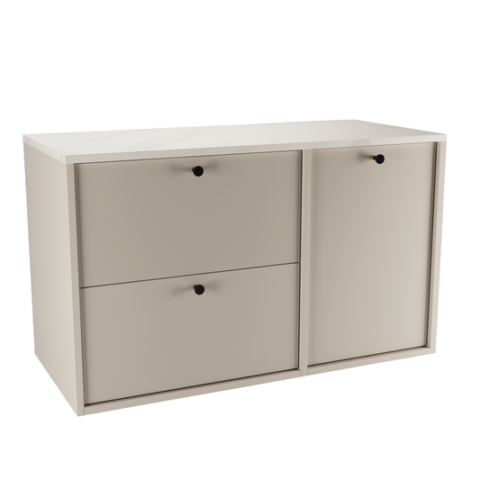 Dulap lavoar Belino 100 cm Cășmir cu coș de rufe integrat și blat Marmură Bianco, design modern și luminos pentru baie.