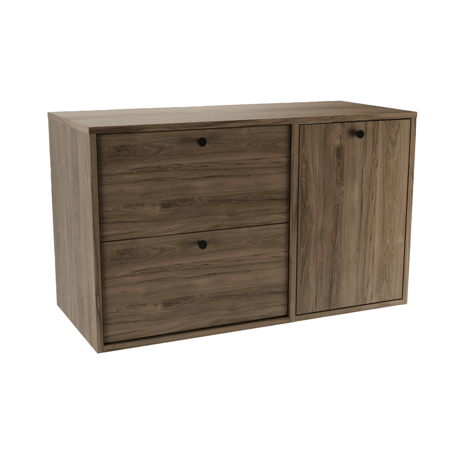 Dulap pentru lavoar Belino 100 cm în nuanță Nuc Întunecat cu coș de rufe integrat și blat de 100 cm, ideal pentru băi moderne și elegante.